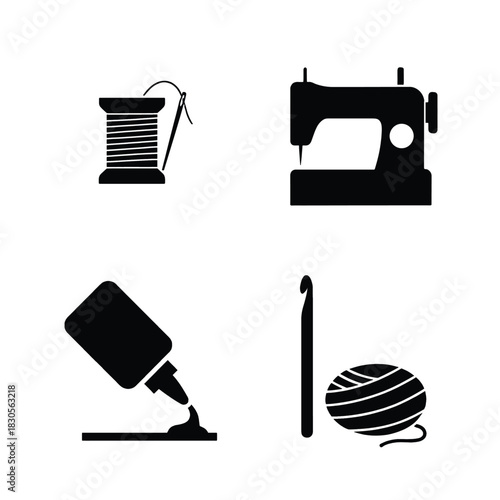 Four Black Silhouettes of Crafting and Sewing Supplies tool tools