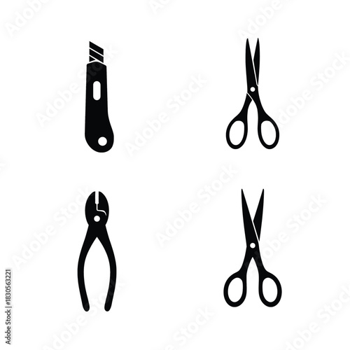 Four Black Silhouettes of Cutting Tools Including Scissors and Knife cutter