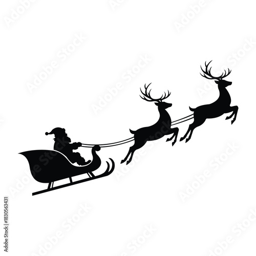 Santa Sleigh Silhouette with Reindeer — Classic Christmas Holiday Scene in Clean Vector Style, Flying Deer, Winter Festive Artwork for Cards, Crafts and Seasonal Designs