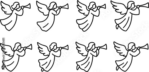 Christmas angels icons set. Flying angel with trumpet, holiday outline illustrations