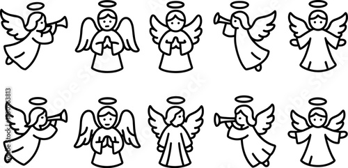 Christmas angels icons set. Flying angel with trumpet, holiday outline illustrations