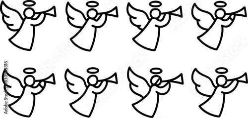 Christmas angels icons set. Flying angel with trumpet, holiday outline illustrations