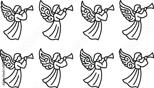 Christmas angels icons set. Flying angel with trumpet, holiday outline illustrations