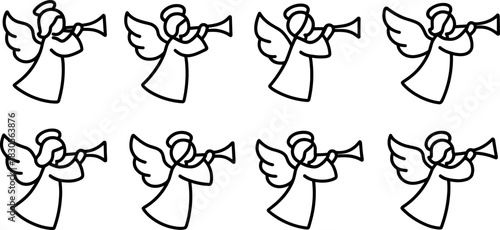 Christmas angels icons set. Flying angel with trumpet, holiday outline illustrations