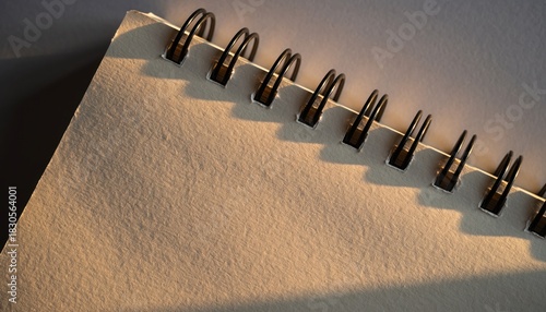 Close up textured paper spiral bound notebook under warm directional light