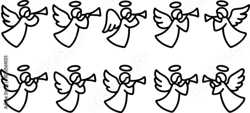 Christmas angels icons set. Flying angel with trumpet, holiday outline illustrations