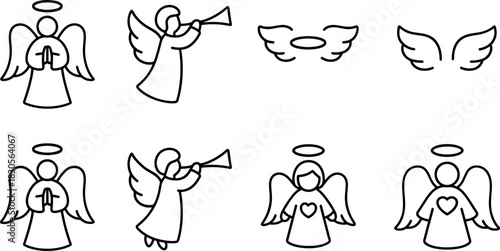Christmas angels icons set. Flying angel with trumpet, holiday outline illustrations