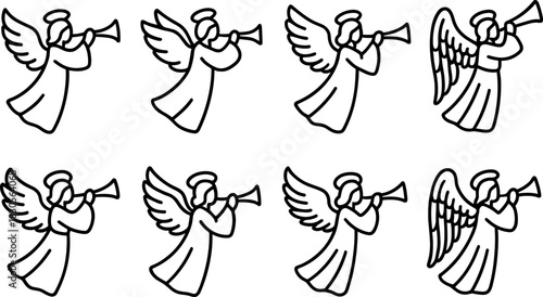 Christmas angels icons set. Flying angel with trumpet, holiday outline illustrations