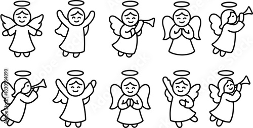 Christmas angels icons set. Flying angel with trumpet, holiday outline illustrations
