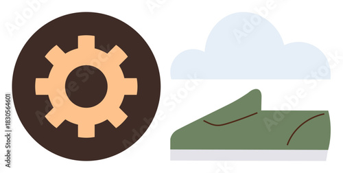 Gear beside a green shoe and cloud suggesting innovation, mobility, nature, and outdoor recreation. Ideal for themes thumbs up sports, teamwork, machinery, efficiency, lifestyle technology simple