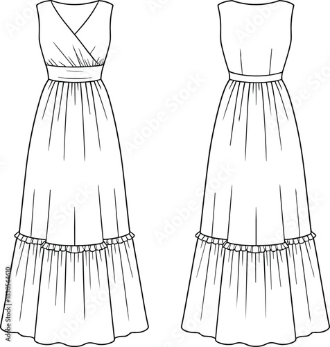 Elegant sleeveless wrap-top maxi dress sketch, tiered ruffle hem, cinched waist fashion illustration, front and back design, lined drawing, modern evening gown outline, dress template for designers