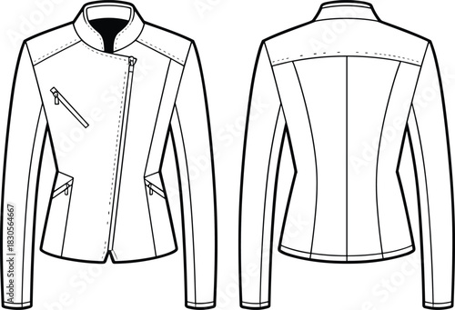 Leather jacket technical sketch, asymmetrical zipper, motorbike style, stitching details, slim fit, front and back view, vector fashion illustration, outerwear design template.