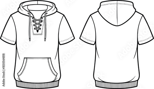 Short sleeve hoodie sketch, lace-up collar, front and back view, kangaroo pocket, ribbed hem streetwear outline, fashion apparel template mockup for clothing designers