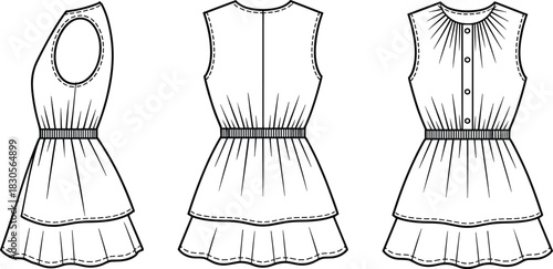 Sleeveless dress sketch set, round neck collar, button-front pleated design, elastic cinched waist, layered ruffled hem, side, front, back view outline, fashion clothing template for designers