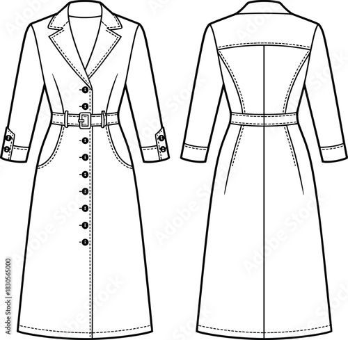 Trench coat technical sketch, belted waist, button front, flap pockets, cuff straps, front and back view, vector fashion illustration, apparel outline template.