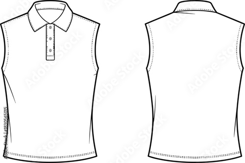 Sleeveless polo shirt sketch, buttoned collar, front and back view, casual sportswear outline, minimalist apparel line art template, clothing mockup for fashion designers, blank shirt design