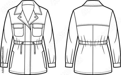 Utility jacket sketch, women belted zip-front coat illustration, drawstring elastic waist, chest flap pockets, long sleeves, front, back fashion outline, clothing designer template mockup line art
