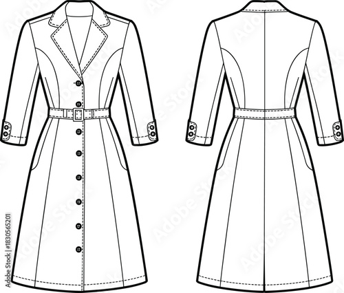 Women belted trench coat sketch, long sleeve button-front fashion illustration, adjustable cuff straps, waist belt buckle design, front and back outline template, minimalist designer apparel drawing