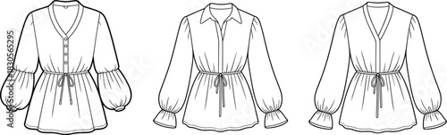 Women blouse dress sketch set, V-neck button-front, puff long sleeves with flared cuffs, adjustable waist tie detail, fashion apparel outline templates, minimalist clothing mockup for designers