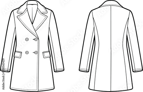 Women double-breasted coat sketch, blazer style, lapel collar outline, long sleeve seam detail, front and back view, minimalist fashion illustration, apparel template for clothing designers