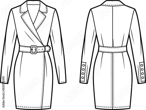 Women wrap belted blazer coat sketch, asymmetric lapel collar, long sleeves with button cuffs, front and back view outline, minimalist fashion illustration apparel template for designer mockup assets