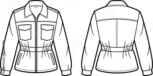 Women utility jacket sketch, zipped buttoned shirt collar, elastic cinched waist, dual chest flap pockets, long sleeves, front and back view outline, minimalist fashion clothing template for designers