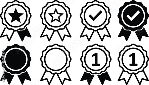 Award badge vector icon set featuring star, checkmark, blank medal, and number one symbols for achievement, certification, ranking, and recognition designs.