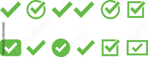 Bright green check mark icons collection featuring various approval symbols in circles, squares, and rounded shapes for verification and confirmation designs.
