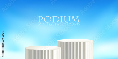 Beauty podium on sky blue background. Cosmetic platform in heaven. Product white box, 3d cloud studio. Soft cylinder pillar summer scene. Natural pastel aesthetic stand of two geometric ribbed bases