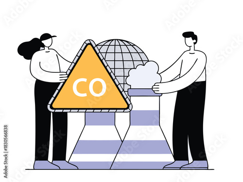 Carbon monoxide pollution illustration with people and industrial elements on transparent background