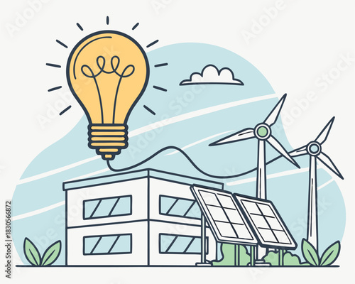 Clean energy illustration depicting sustainable power sources like wind turbines and solar panels