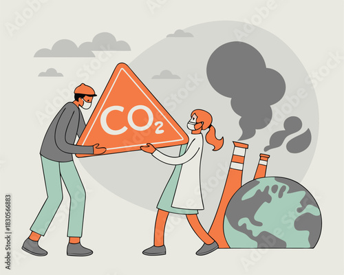Climate change illustration depicting carbon dioxide emissions and environmental awareness with people
