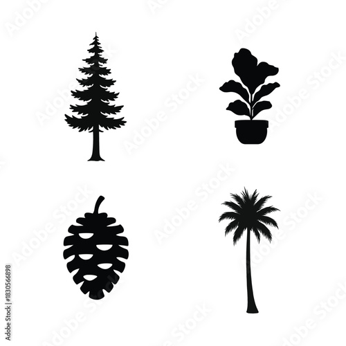 Four Black Silhouettes of Trees and Plants on White Background Keywords: pine tree, evergreen, potted plant, fiddle