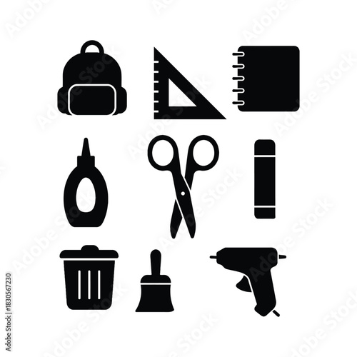 School And Craft Supplies Icons Set On White Background backpack ruler