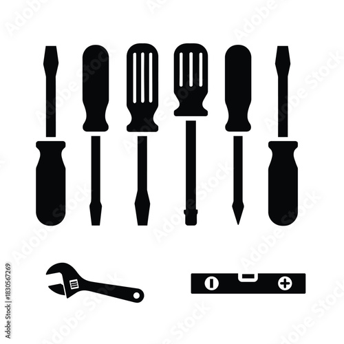 Screwdriver Set Adjustable Wrench and Spirit Level Tool Icons screwdrivers flathead screwdriver