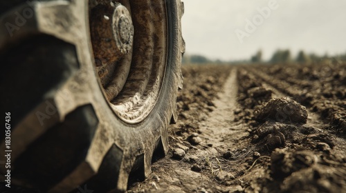 Close-Up of a Tractor Tire in a Muddy Agricultural Field Showcasing Soil Texture and Farming Equipment in Action