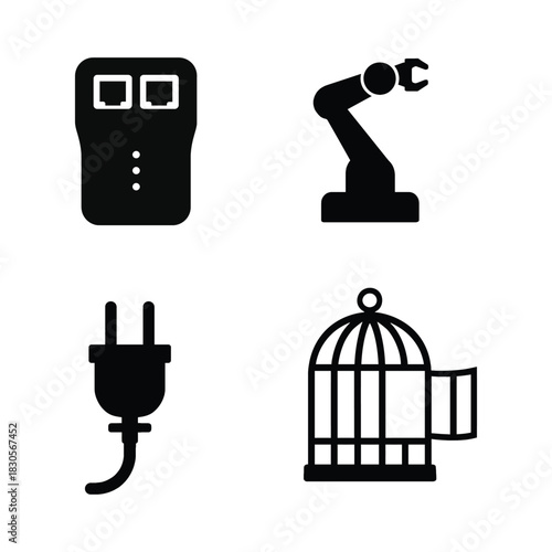 Set of four black icons including a device, robot arm, plug, and birdcage Keywords: icon, set, technology
