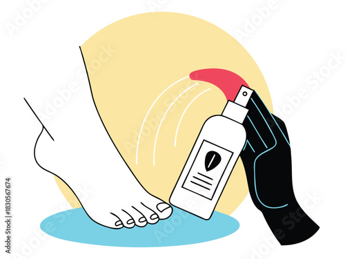 Foot spraying illustration depicting hygiene and skin care treatment on transparent background