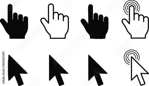 Collection of cursor and hand pointer vector icons showing clicking gestures, mouse pointers, touch interactions, and navigation symbols for digital interface design.