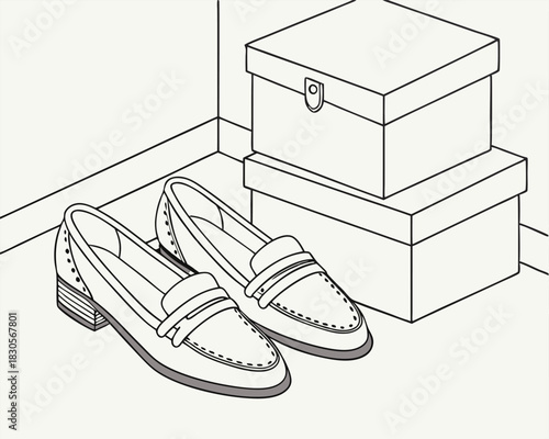Hand drawn illustration of stylish loafers alongside stacked storage boxes on white background.
