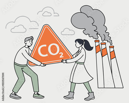 Illustration depicting carbon emissions from factories and efforts to address pollution with a co2 sign.