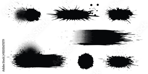 Grunge ink splatters, artistic brush strokes and halftone texture set