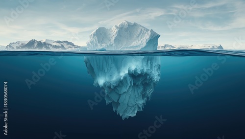 Fototapeta Naklejka Na Ścianę i Meble -  Iceberg with exposed underwater sections, emphasizing natural erosion processes, Earth Day