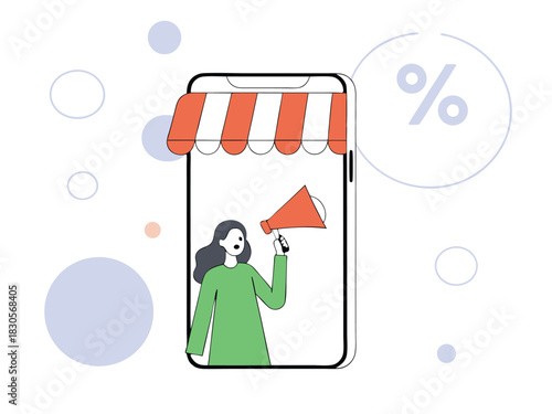 Mobile online shopping promotion announcement with percentage symbol and woman speaking through megaphone