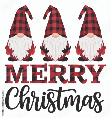 Buffalo plaid merry Christmas vector illustration, featuring three festive Christmas gnomes, decorative holiday elements, and a cut file design perfect for crafts