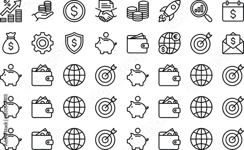 Comprehensive financial growth and money management icon set featuring savings, investments, budgeting, global economy, analytics, revenue planning, and economic strategy symbols.