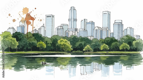 Beautiful hand-drawn watercolor illustration depicting a vibrant city park with skyscrapers reflected in a tranquil lake