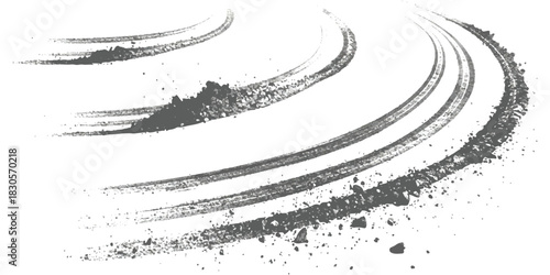 Automobile tire tracks creating a curved path with scattered soil and dust