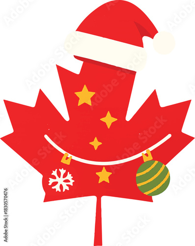 Canadian flag on a leaf, a bold red Canadian maple leaf adorned with Christmas cheer, complete with a Santa hat, stars, and ornaments