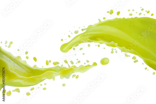 Flows of fresh green kiwi juice join with dynamic splashes, flying drops, isolated on white background. Spinach, celery juice. Healthy organic drink for design of detox diet menu, fitness cuisine.